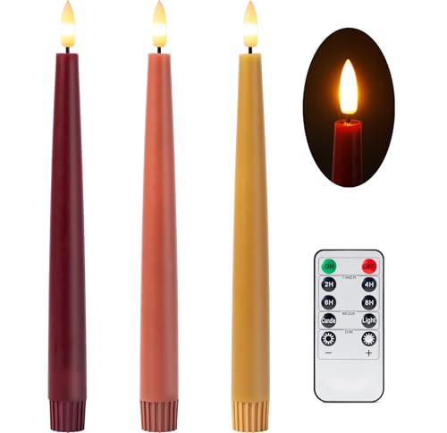 Stmarry Fall Flameless Taper Candles with Remote and Timer, 9.65 Inch Real Wax LED Candlesticks, Battery Operated Thanksgiving Candles with 3D Flickering Flame, Bordeaux, Terra Cotta & Caramel, 3 Pack
