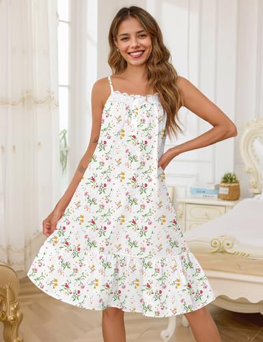 Image of SWOMOG 100% Cotton Nightgowns for Women Lace Sleeveless Sleep Dress Victorian Sleepshirt Button Strap Night Gown