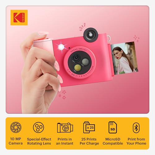 Image of Kodak Smile+ 2-in-1 Digital Instant Print Camera & Printer Gift Bundle + Case + Zink 2x3 Sticky Back Photo Paper 20pk + Album + Sticker Sets + Sticker Frames + Hanging Frames + Markers - Fuchsia
