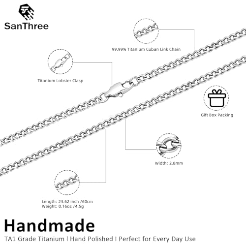 SanThree Solid Pure Titanium O Twist Link Chain 2.8mm Finely Polished Skin Friendly Welded Curb Chain Necklace for Women Men Sensitive Skin Valentines Birthday Graduation Gifts, 23.62"4