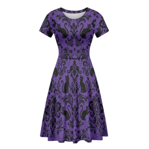 Image of POLERO Women Puffy Swing Elegant Party Midi Dresses Short Sleeve Round Neck A-Line Dress