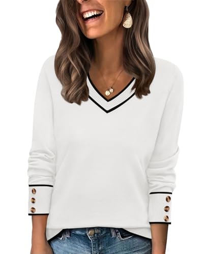 WIHOLL Womens Long Sleeve Tops Dressy Casual Fall V Neck Cashmere Sweaters for Women 2025 Trendy Lightweight 70s Outfits Y2K Winter Spring Clothes Color Block White M