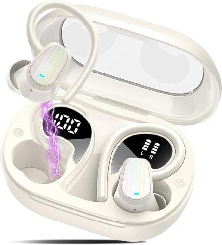 Image of Wireless Earbuds Bluetooth 5.4, 50H Playtime Sport Earphones with Earhooks, HiFi Stereo Bluetooth Hearphones with 4 ENC Noise Cancelling Mic, IPX7 Waterproof Over the Ear Buds for Gym /Running, White