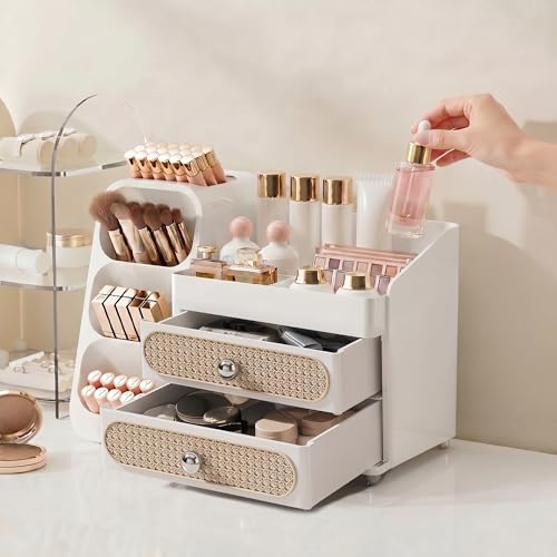 Image of Booklov Makeup Organizer for Vanity, Large Capacity Cosmetic Display Case with Drawers, Countertop Beauty Storage Holder for Skincare, Brush Eyeliner Perfume Eyeshadow Lipsticks, Counter Desk, White