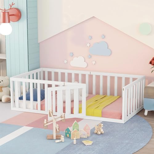 HUMZGHG Cama Infantil Montessori de 90 x 200 cm, Cama de Suelo con Valla y Puerta para niños y niñas,Sin Base ni colchón (Blanco)