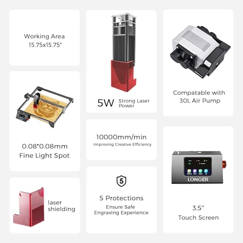 Image of Longer RAY5 Laser Engraver Bundle,5W Output Power for Wood /Leather /Acrylic Engraving Cutting Machine, DIY Desktop Laser Cutter with Safety Protection, Air Assist & 3 in 1 Roller,400 * 400mm