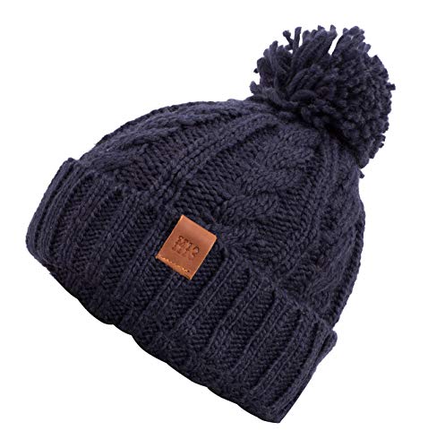 Rough Knit Beanie - Wintermütze, Strickmütze, Bommelmütze mit Leder Patch, Mütze für Herren & Damen (Manufaktur13/M13) (Navy)