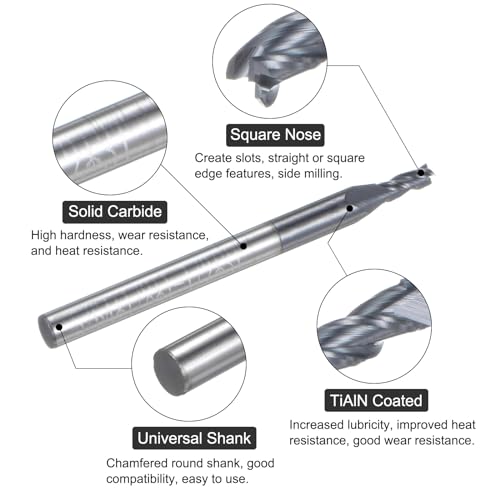 Image of uxcell Carbide Square End Mill, 5 /64 inch Diameter TiAlN Coated 3 Flutes Milling Bit Cutter, for Hardened Steel Stainless Steel Alloy Metal, 1 /8 inch Shank 7 /32 inch Cut Length 1-1 /2 inch Long HRC55