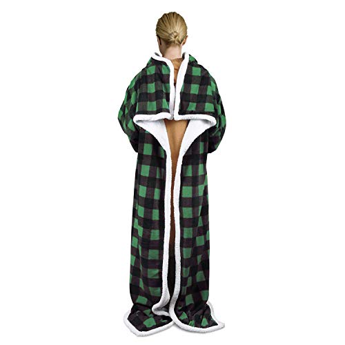 Catalonia Buffalo Plaid Green Sherpa Wearable Blanket With Sleeves Arms, Super Soft Warm Comfy Large Fleece Plush Sleeved Tv Throws Wrap Robe Blanket For Adult Women And Men,St. Patrick Gift #TOP2