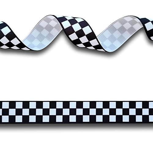 5 Yards (4.5 metres) Black & White Flag Chequered Check Grosgrain Ribbon 22mm Wide, Ideal for Craft Projects Cakes, Scrapbooking etc