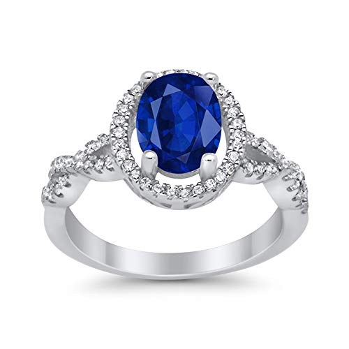 Halo Oval Infinity Shank Engagement Ring Simulated Round Blue Sapphire 925 Sterling SilverSize-8