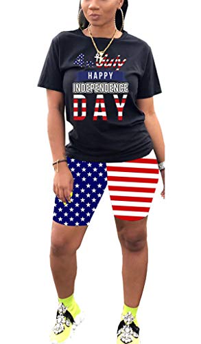 Womens Summer Fashion Casual Shorts Sleeve 2Pcs Independence Day American Flag Letters Printed Crop Top Shirts Bottom Pants Jumpsuits Sportsuit Jogger Sportswear Set Black L #TOP4