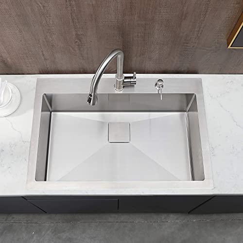 Vesla Home 33 Inch 18 Gauge Stainless Steel Commercial Topmount Drop In Single Bowl Kitchen Sink,Brushed Nickel Overmount Kitchen Sinks With Dish Grid And Basket Strainer #TOP4