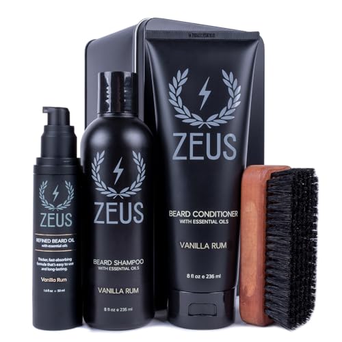 ZEUS Deluxe Beard Care Kit with Refined Beard Oil, Purifying Shampoo, Smoothing Conditioner & Premium Boar Bristle Brush for Ultimate Men’s Grooming (Vanilla Rum)