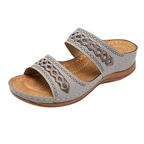 Sandalias Mujer Verano Cómodas, Mulas de Cuero Vintage, Plataforma, Cuñas, Zapatillas Ortopédicas Premium Zapatillas de Playa de Verano Talla, gris, 39 EU