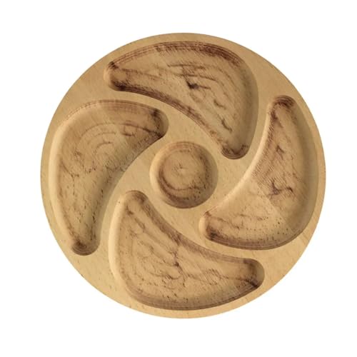 4BIG.fun Plateau de service en bois naturel de 28 cm de diamètre avec 5 compartiments, assiette de service, entrées, fromage et collations, plateau en bois pour viande et fromage, plateau à fromage