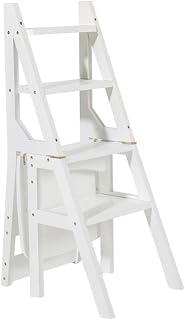 White Wooden Ladder Chair Foldable Multi-Function Home Library Office 4 Steps Shelving Ladder Flower Stand Step Stool