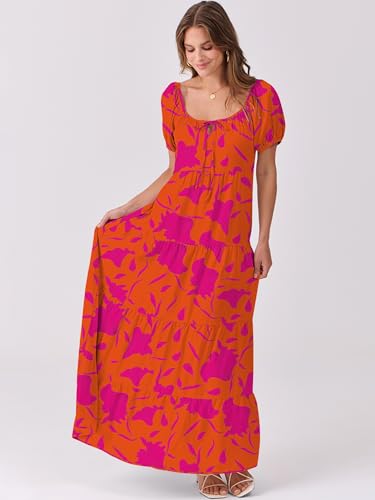 Image of ANRABESS Women's Boho Maxi Dresses 2025 Summer Casual Floral Puff Short Sleeve Tie Front Flowy Swing Tiered Long Beach Dress