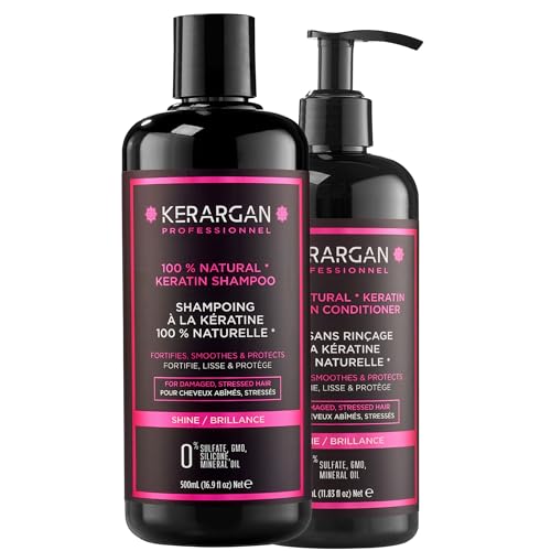 Kerargan - Duo Shampoo E Trattamento Senza Risciacquo Alla Cheratina Per Capelli Danneggiati E Stressati - Fortifica, Leviga E Protegge - Senza Solfati, Parabeni E Siliconi - 500Ml + 350Ml