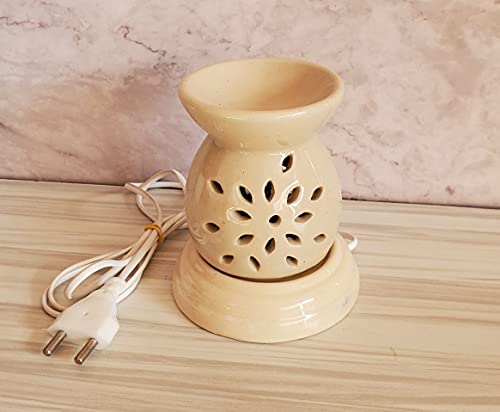 Image of Indian Fragrance Ceramic Electric Aroma Diffuser Lamp| Oil Burner Night Lamp for Home, Bedroom & Office | Decorative Fragrance Diffuser with Warm Light (Off White, Rose)