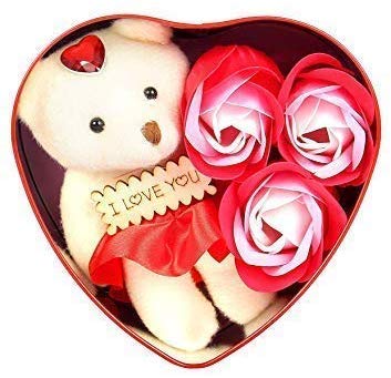 Quality bit Artificial Heart-shaped Box And Teddy And Roses 1 Small Cute Teddy, 3 Fragrant Rose Bud Petal Soap, 1 Heart Shape Tin Box, 1 Wooden Heart Tag (Multi Color)-image-6
