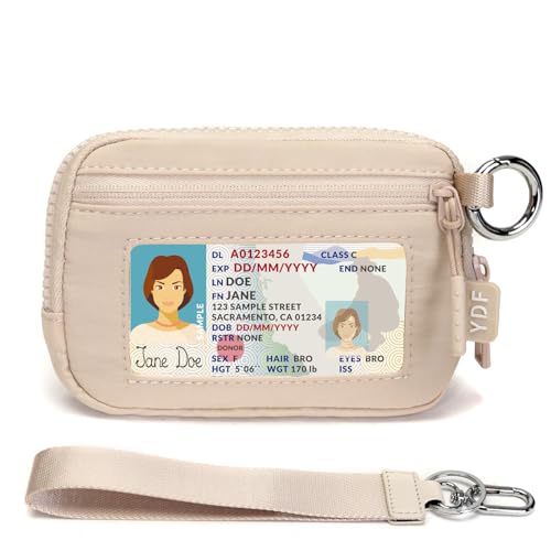 YDF 2nd Gen RFID Blocking Small Wallet for Women Nylon Wristlet Coin Purse with ID Window & Lipstick Holder 3-Zipper Mini Keychain Pouch Beige