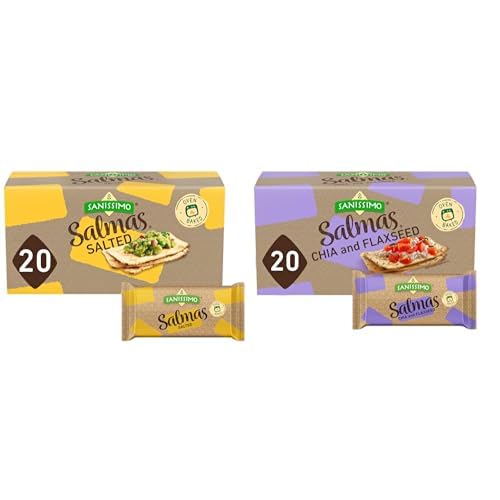 Sanissimo Salmas Crackers Bundle: Salted + Chia &amp; Flaxseed, 20 packs each (3 crackers per pack). Oven-baked Corn Crackers, gluten-free, non-GMO, kosher certified