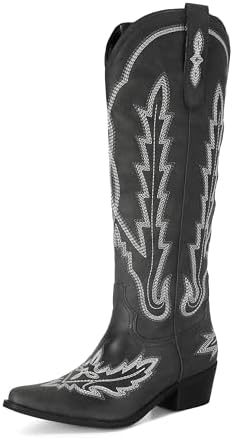 STALOV Cowboy Boots for Women Pull On Chunky Heel Boots Knee High...