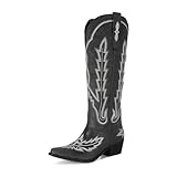 STALOV Cowboy Boots for Women,Western Pointed Toe Chunky Heel Pull-On Knee High Cowgirl Boots Fashion Embroidered Tall