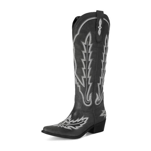 Image of STALOV Cowboy Boots for Women Pull On Chunky Heel Boots Knee High Cowgirl Boots Western Pointed Toe Boots Embroidered Suede Boots