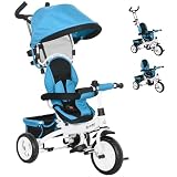 HOMCOM Tricycle bébé évolutif 6 en 1 vélo Poussette avec poignée de poussée, auvent Amovible, Ceinture de sécurité à 5 Points, Rangement, Repose-Pieds, Frein, pour Enfants de 1 à 5 Ans, Bleu