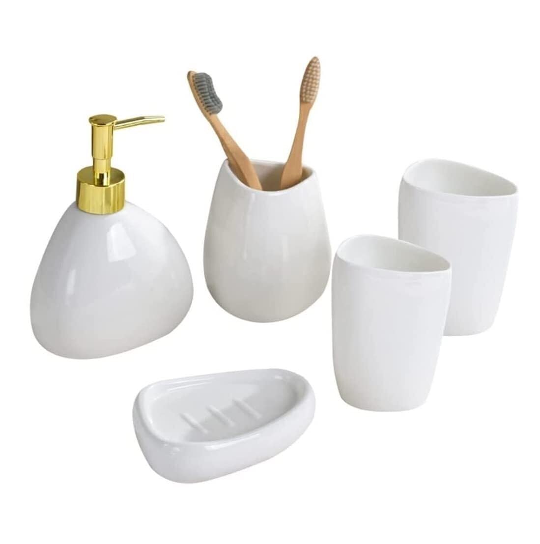 Juego de baño de cerámica de 5 piezas con dispensador de jabón y plato elegante