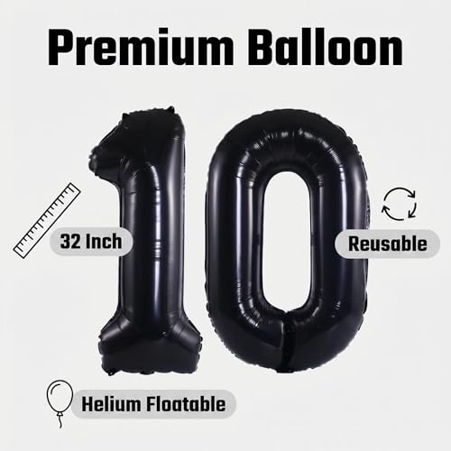 Image of Number 10 Balloon Foil Mylar Balloons for Birthday Party Decoration (Black, 32 Inch)