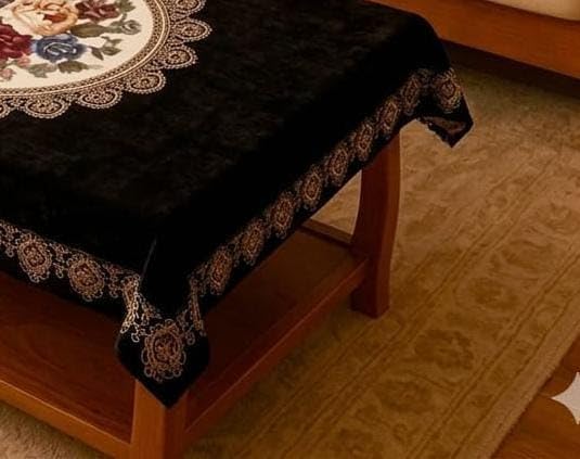 Image of Velvet Decorative Rectangular Table Cover with Traditional Design, Living Room Centre Table Cloth, Beige and Multicolour Size (36 * 56) (Balck Mandala t-c)