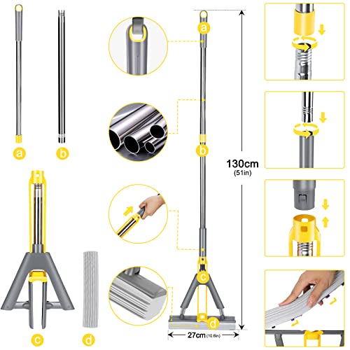 Almcmy Pva Sponge Mop, Hands Free Self Wringing Mop With Total 3 Super Absorbent Sponge Heads And 51" Long Handle, Foam Mop Squeeze Mop For Hardwood Laminate Tile Floor Cleaning - Yellow #TOP1