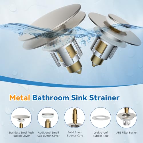 Universal Bathroom Sink Stopper, Metal Pop Up Sink Drain Strainer with Hair Catcher Basket, Fit 1.1"-2.36" US Basin, Wash Basin Drain Plug, Big/Small Cover Cap, Brass Bounce Core, Brushed Nickel by iFealClear - Used condition - Image 2