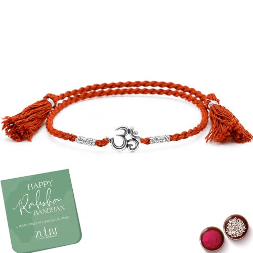 Image of 925 Sterling Silver Premium OM Luxury Rakhi for Bhai Cotton Thread | Rakshabandhan Rakhi With Fragrance Greeting Card & Roli Chawal and Certificate of Authenticity 925 Silver
