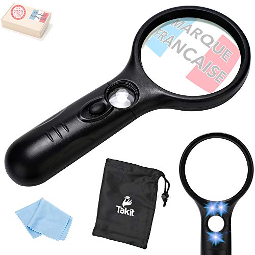 TAKIT Loupe De Lecture [NOUVEAU] Avec Lumière Led - Grossissement 3x Et 45x - Anti-rayure Et Très Haute Clarté - Chiffon Et Un Sac Inclus Cover