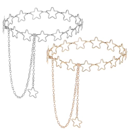 2 Pcs Star Waist Chain, Star Punk Pocket Jean Chain Adjustable Silver Gold Body Chains for Women Fashion Jewelry Belt for Dresses Jeans Skirts