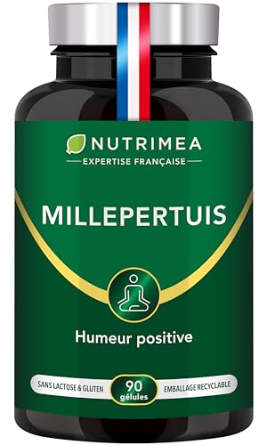 MILLEPERTUIS – Extrait Titré Hautement Concentré en Hypericine – 500mg – 100% Naturel – Anti-Déprime, Bonne Humeur, Anti-Stress & Sommeil – 90 Gélules Vegan – Nutrimea – Fabriqué en France