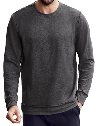 PINSPARK Men's Long Sleeve Shirts Crew Neck T-Shirt Casual Pullover Tees Soft Stretch Basic Tee Shirt with Zipper Pocket Dark Gray