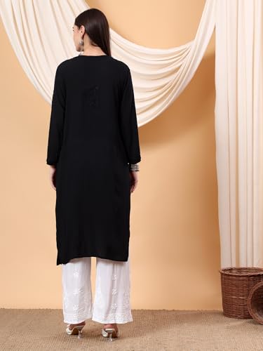 Image of POSHAK CHIKAN STUDIO Women's Hand Embroidered Lucknowi Chikankari Modal Straight Long Kurta, heer