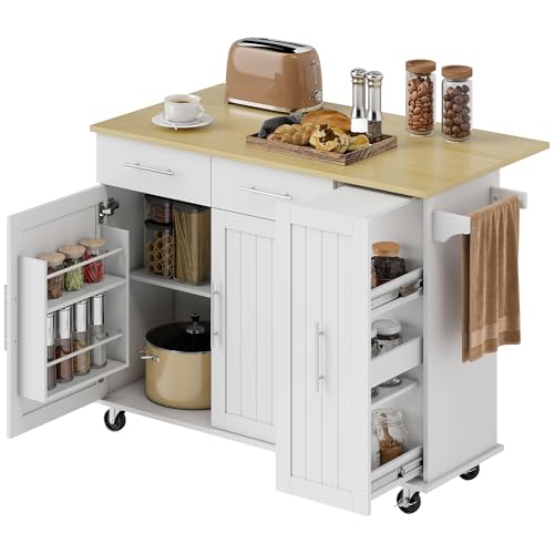 HOMCOM Isla de Cocina con Ruedas, Encimera Plegable, Carro de Cocina con 2 Puertas con Cierre Suave, Bandeja Extraíble de 3 Niveles, 2 Cajones, Barra para Colgar, Blanco