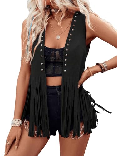 Image of Yoisdtxc Women's Fringe Vest Cowgirls Sleeveless Tassel Jacket Western Faux Suede 70s Hippie Cardigan (D-Black, XL)