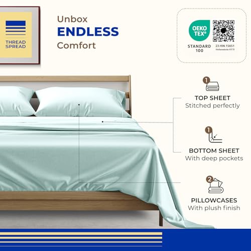 Image of THREAD SPREAD Egyptian Cotton Sheets King Size - 1000 Series High Thread Count Cotton King Size Sheets Set (4 PC, Sea Foam), 16 inch Snug Fit Deep Pocket, Sateen Weave Ultra-Soft Hotel Luxury Sheet Set