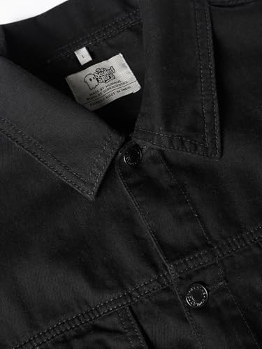 Image of The Souled Store Denim Jacket: Onyx Men and Boys Full Sleeves Spread Collar Black Solid Cotton Oversized Fit Durable Lightweight Everyday Denim Jacket