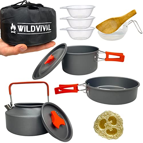 WILDVIVAL Outdoor Camping-Geschirr für 1-3 Personen, die Campingküche 12-teilig - Campingkocher-Set mit Kochtopf, Bratpfanne, Wasserkessel - leichtes Aluminium