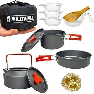 WILDVIVAL Outdoor Camping-Geschirr für 1-3 Personen, die Campingküche 12-teilig – Campingkocher-Set mit Kochtopf…
