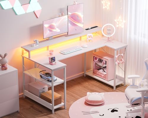 AODK ゲーミングデスク ゲームデスク パソコンデスク U字型 幅120cm 両側ラック&コンセント付き 机 pcデスク gaming desk ゲーミングテーブル LED&モニター台付き 左右入れ替え対応 おしゃれ カーボン調ホワイト [4]