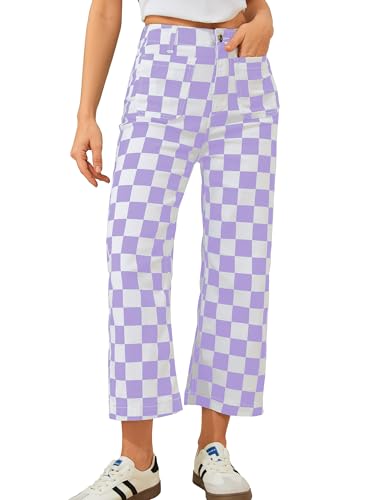 Odefou Cropped Jeans for Women Checkered Pants Casual High Waisted Stretchy Straight Leg Trousers with Pockets(Purple Checkered 6)